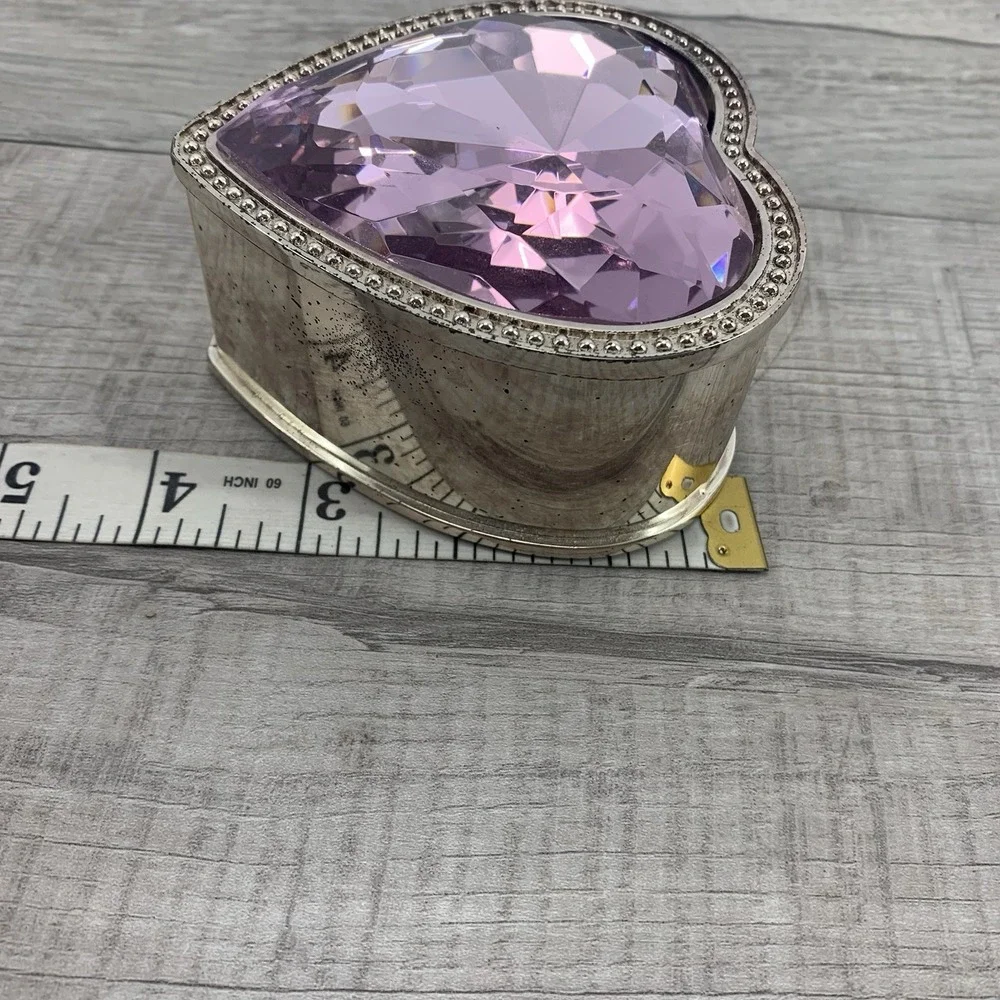Vintage Round Pink Heart Faceted Glass Silver Tone Jewelry/Trinket Box - Picture 8 of 8